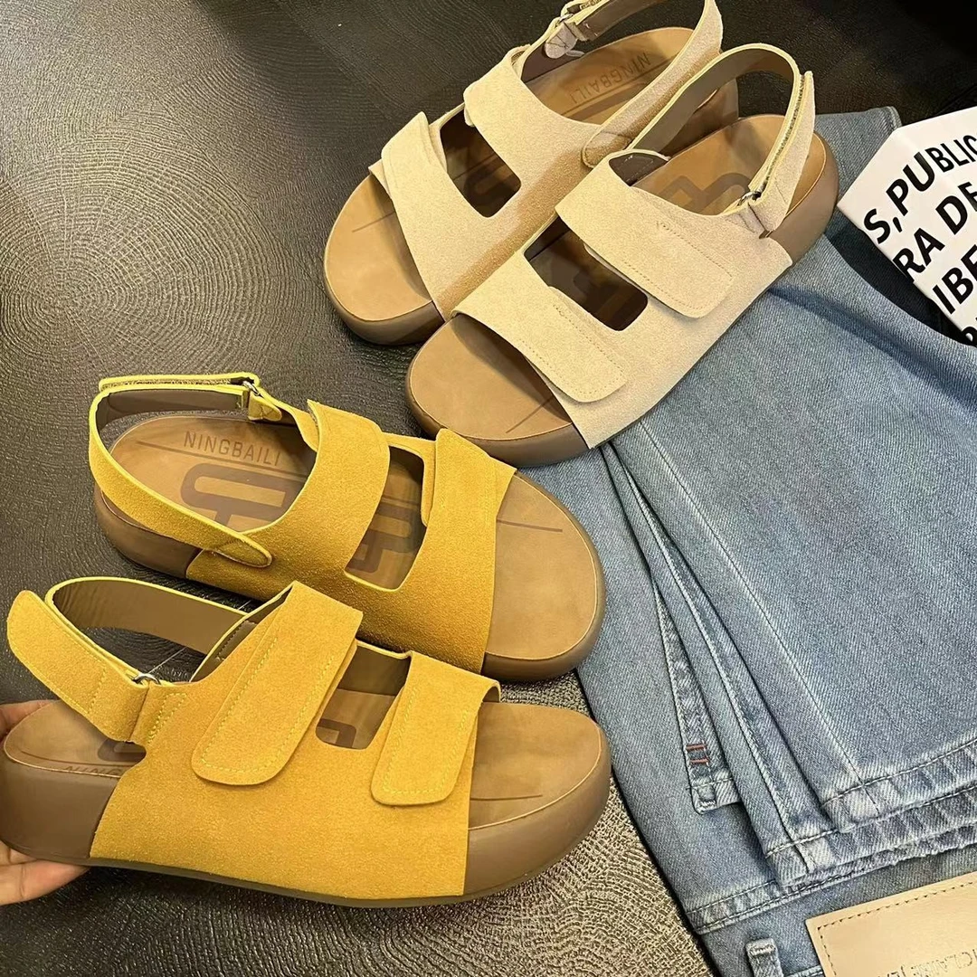 一字扣带凉鞋女2025夏季新款露趾魔术贴吐司勃肯鞋软底外穿凉拖女