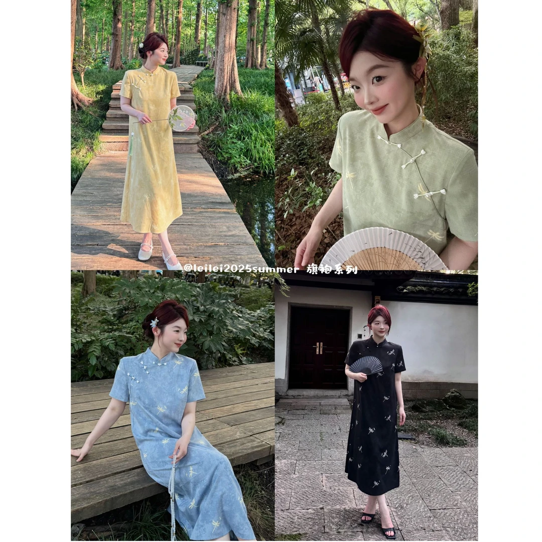 晶咕【静山蜓】别致小蜻蜓图案短袖旗袍上衣+连衣裙两个版本
