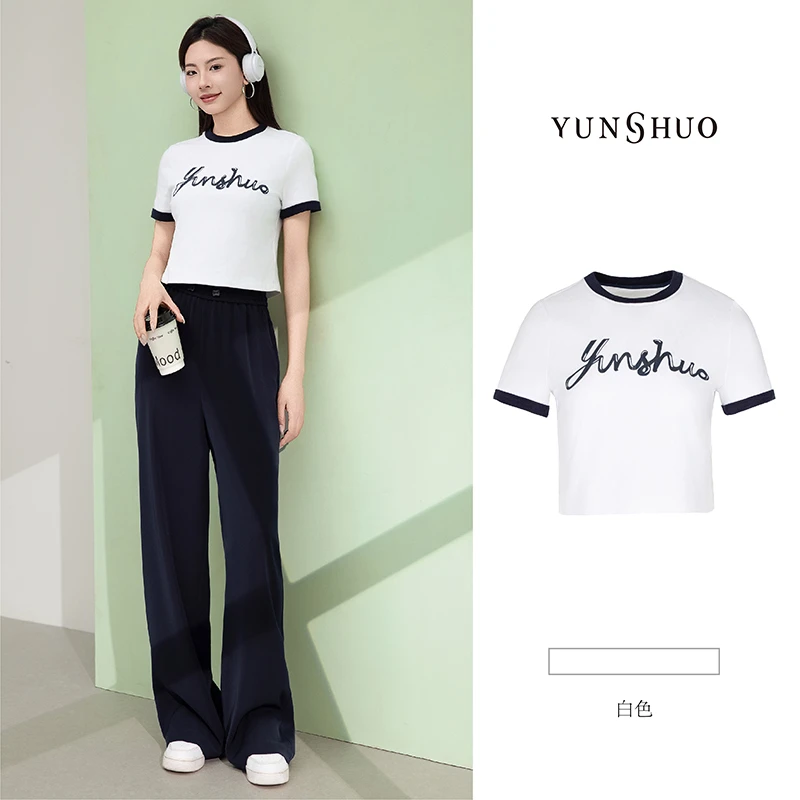 允硕夏季新品女装百搭圆领正肩字母印花欧若风T恤上衣短袖325352
