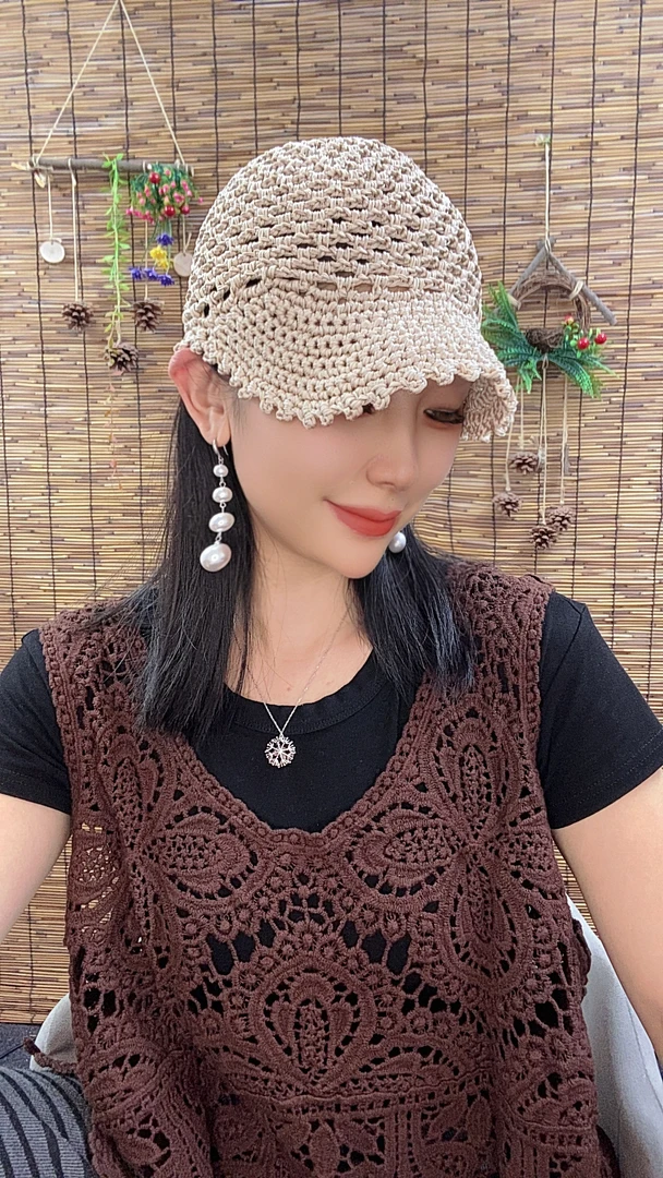 娜娜推荐款-夏季手工防晒百搭遮阳镂空冰丝长檐棒球帽