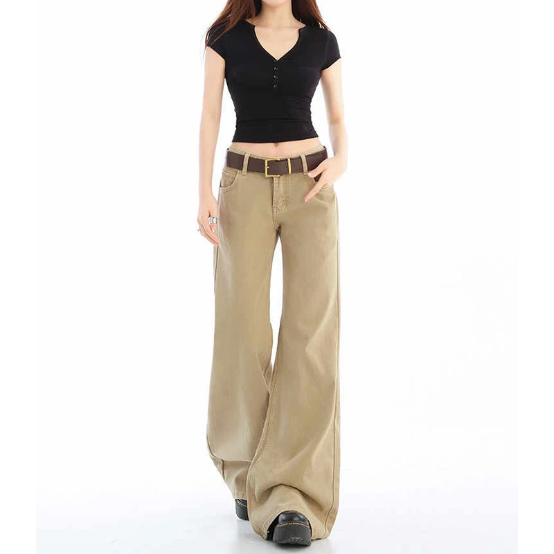 美式复古辣妹卡其色牛仔裤女2025夏季新款低腰拖地不贴腿微喇裤子