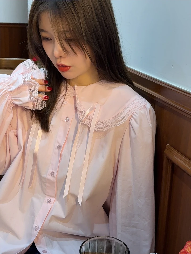 배추❤️泡菜国超美小姐姐的粉色大领子衬衣 宽松 freesized