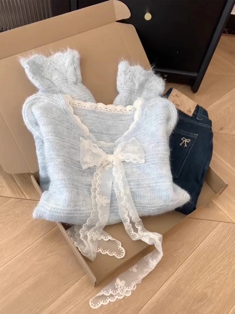 绝美巨好看蕾丝系带V领长袖毛衣女秋冬新款宽松慵懒风针织衫上衣