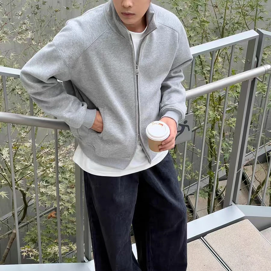 立领双拉链开衫春秋男生宽松休闲百搭纯色卫衣男士外套秋冬款夹克