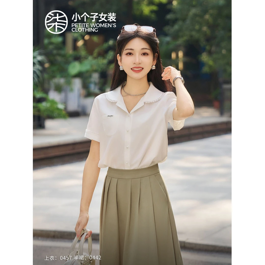 【柒量一裁】0457小个子柔软亲肤领口精致花边胸前口袋白色衬衫上衣