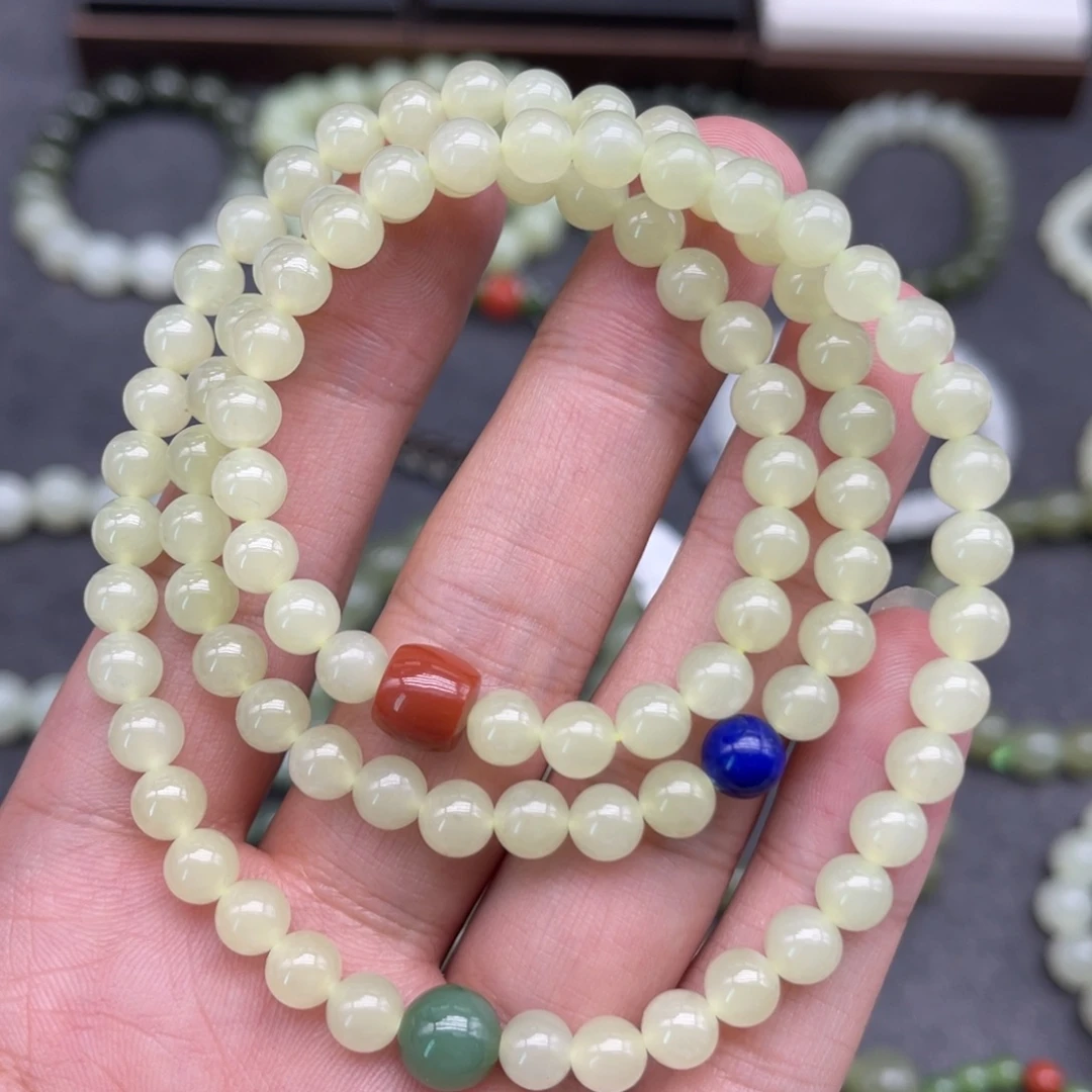 和田玉未镶嵌手串卡6黄口三圈