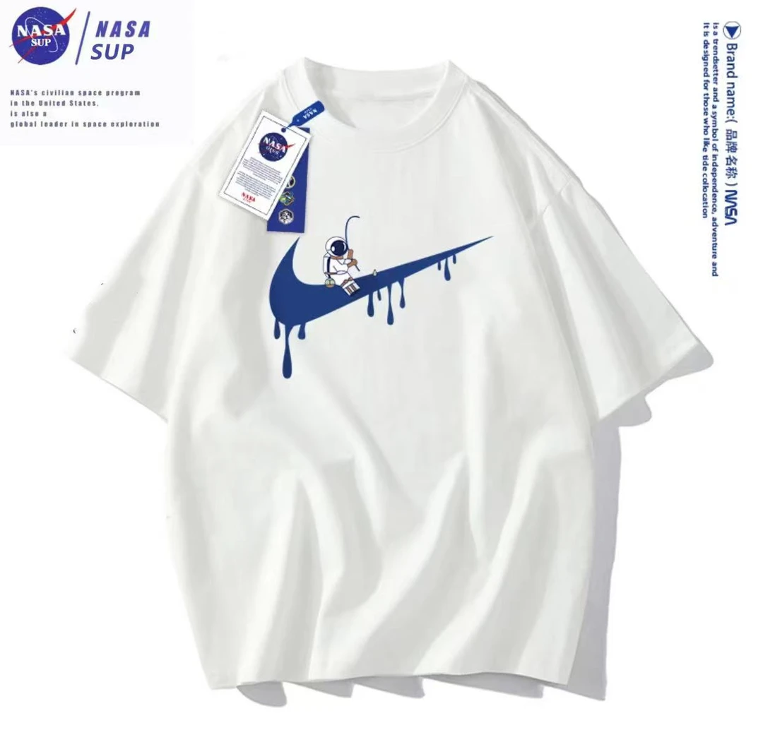 重磅新疆纯棉夏季短袖男女休闲透气圆领印花T恤 蓝勾