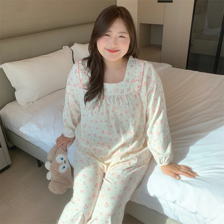 大码胖MM200斤秋季长袖长裤云朵棉粉色小兔印花睡衣少女
