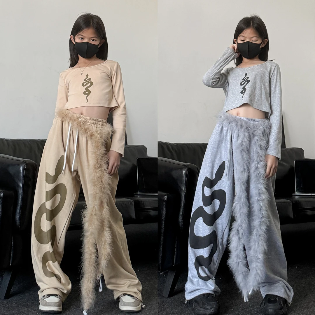 2025春夏新款女童露脐长袖宽松卫裤套装少儿潮酷女团爵士舞演出服