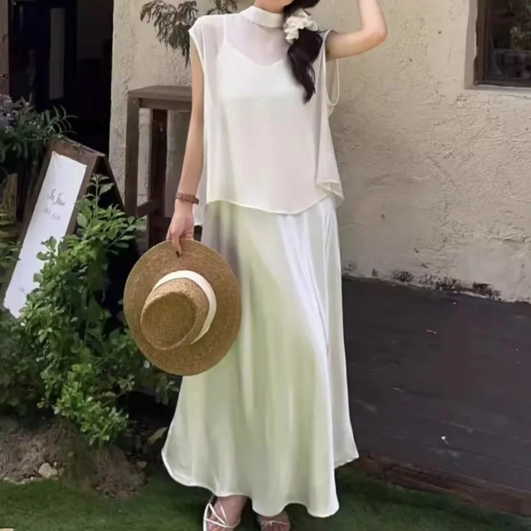 防晒无袖衬衣醋酸缎面吊带裙两件套.(衣长58).03442