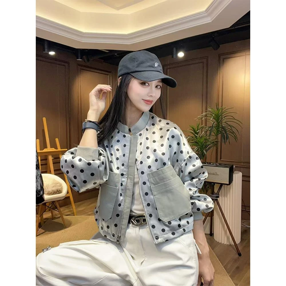 韩版时尚波点立领短款外套女春秋2025新款小个子休闲宽松薄款夹克