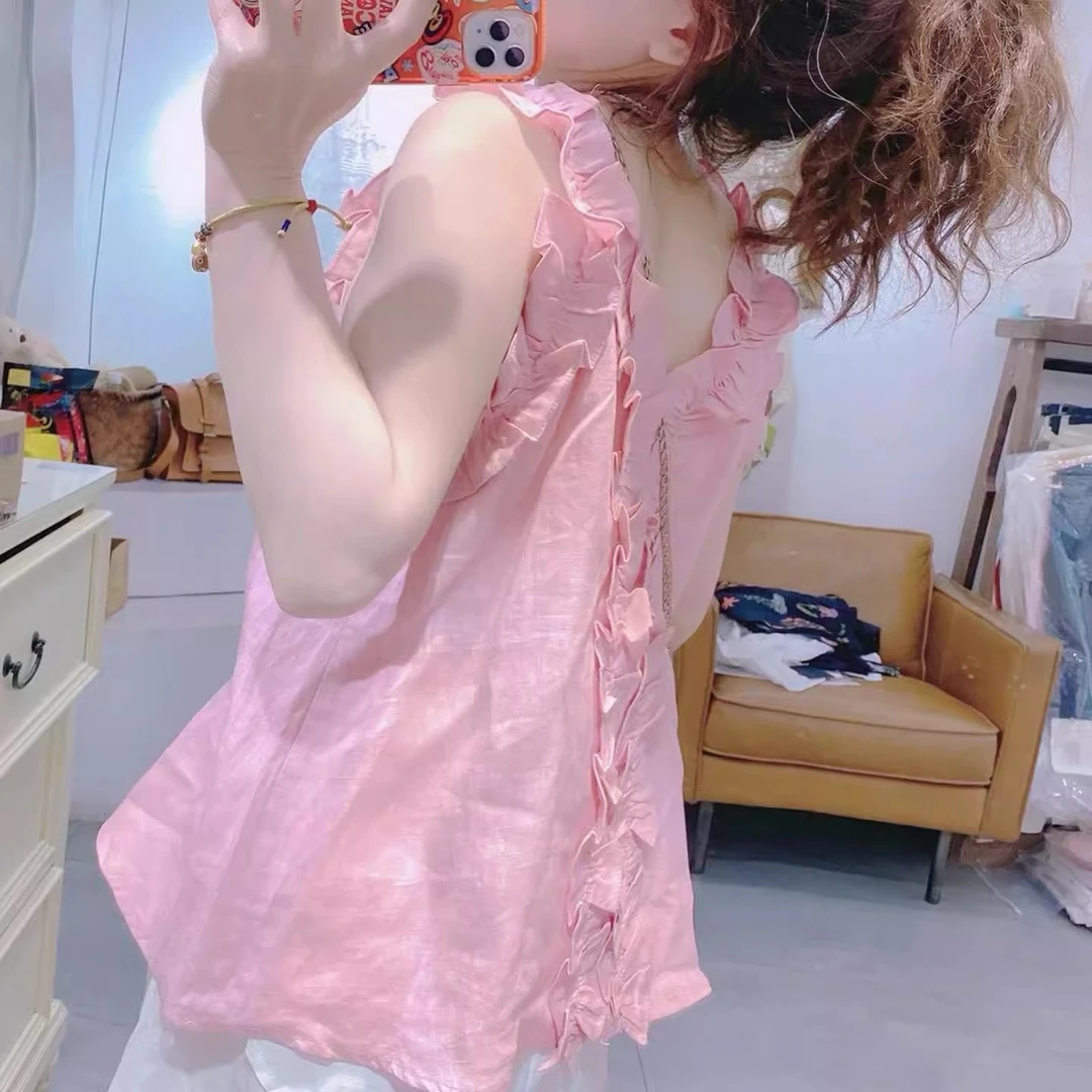 韩系吊带拼接小众V领无袖衬衫女木耳边纯色显瘦2025夏季新款上衣