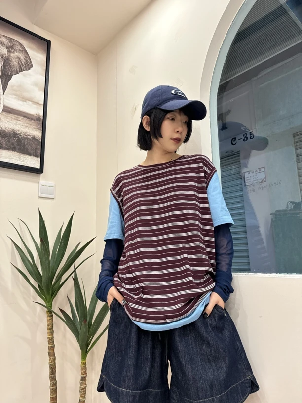 遇见·欧韩女装夏季薄款条纹假三件半袖百搭潮 T恤