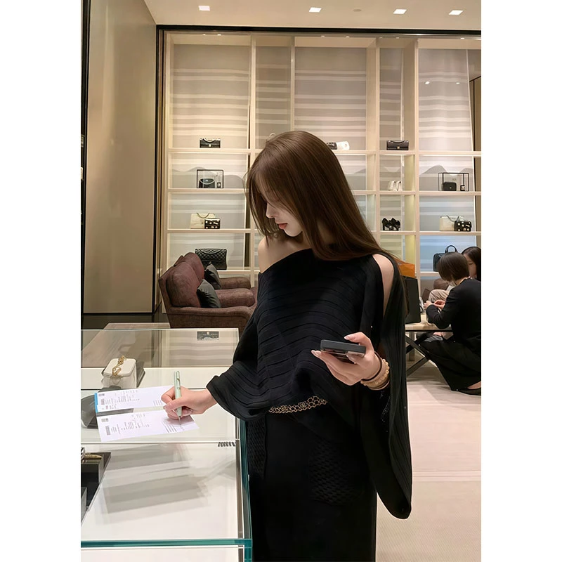 2025秋季新款ins法式名媛风气质一字肩针织衫上衣女+高腰显瘦半裙