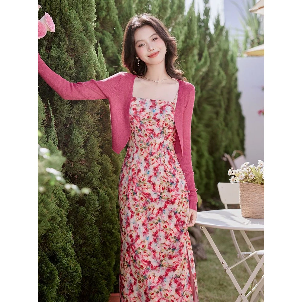 小油画风套装女2025春夏季针织开衫包臀吊带碎花连衣裙两件套