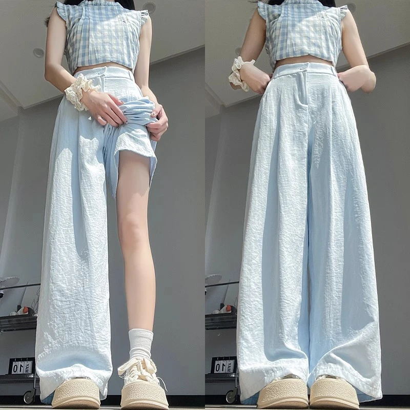 蓝色奶芙山本裤女夏季薄款高腰显瘦垂感慵懒风冰丝直筒阔腿西装裤