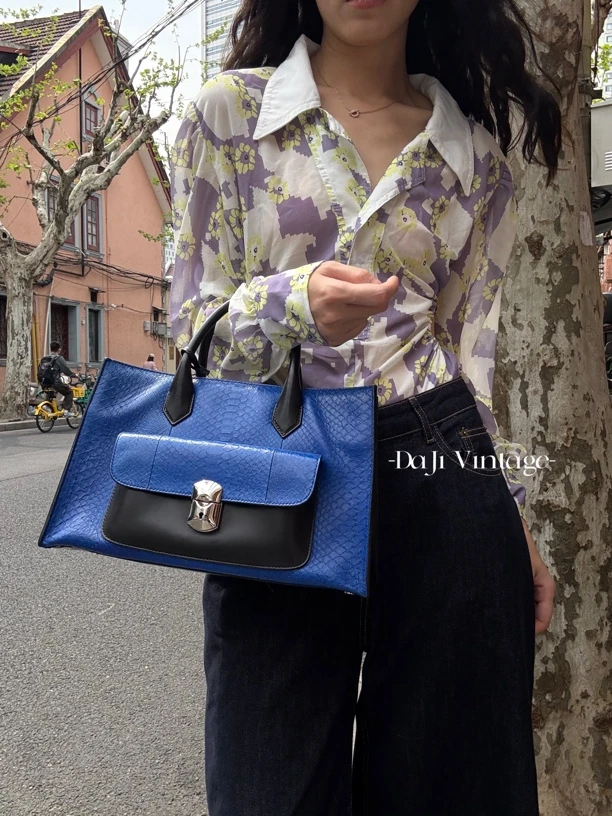 95新 Balenciaga/巴黎世家 大吉中古sh/巴黎世家蓝拼黑蛇皮手提包