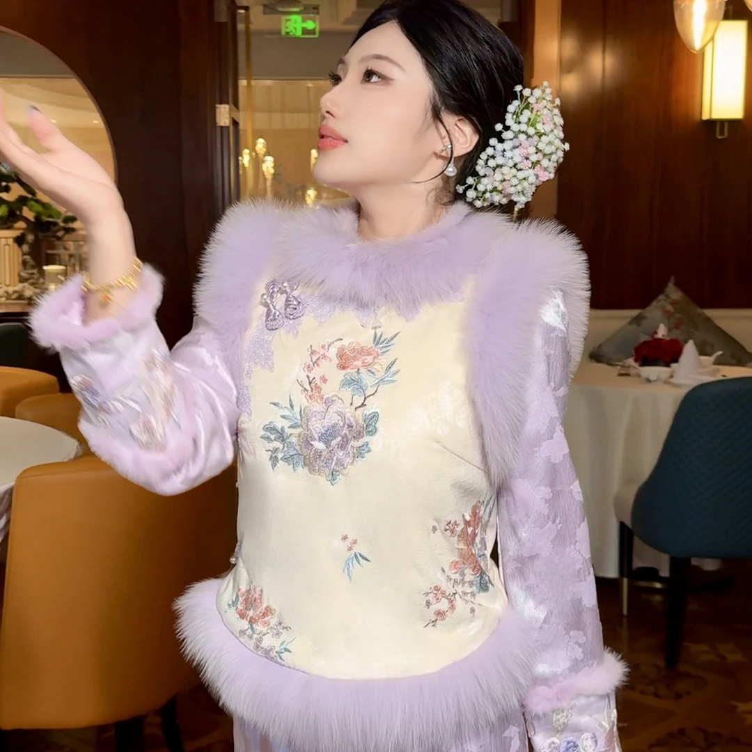 【媛珠 明兰紫云】重工贵气提花鹅绒服秋冬无袖狐狸毛加厚轻奢中式