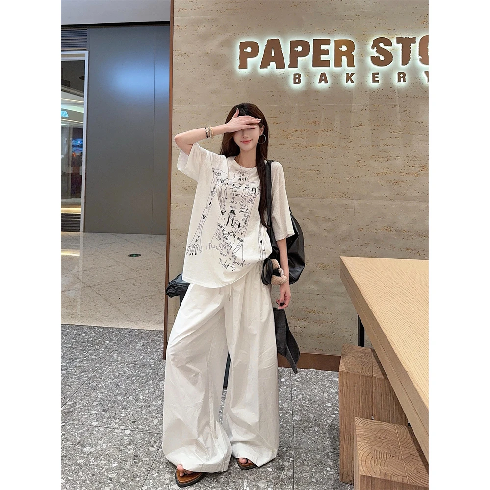 夏季新款大码胖mm女装微透印花宽松短袖T恤白色休闲长裤时尚套装