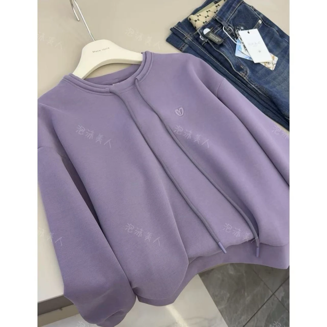 爱心刺绣无帽紫色卫衣女2025春秋新款抽绳百搭休闲圆领显瘦卫衣
