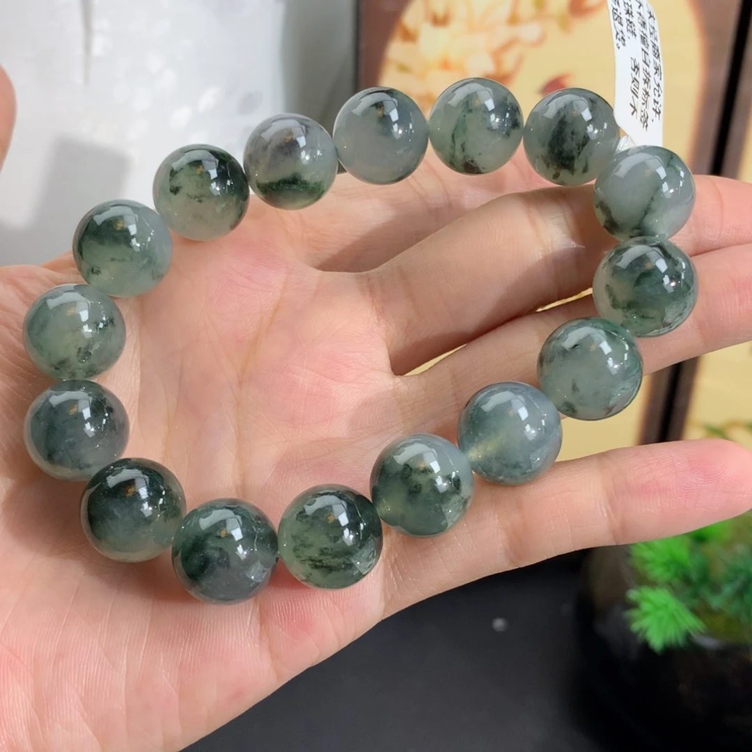 翡翠未镶嵌手串卡12.8冰胶水墨画飘花手串