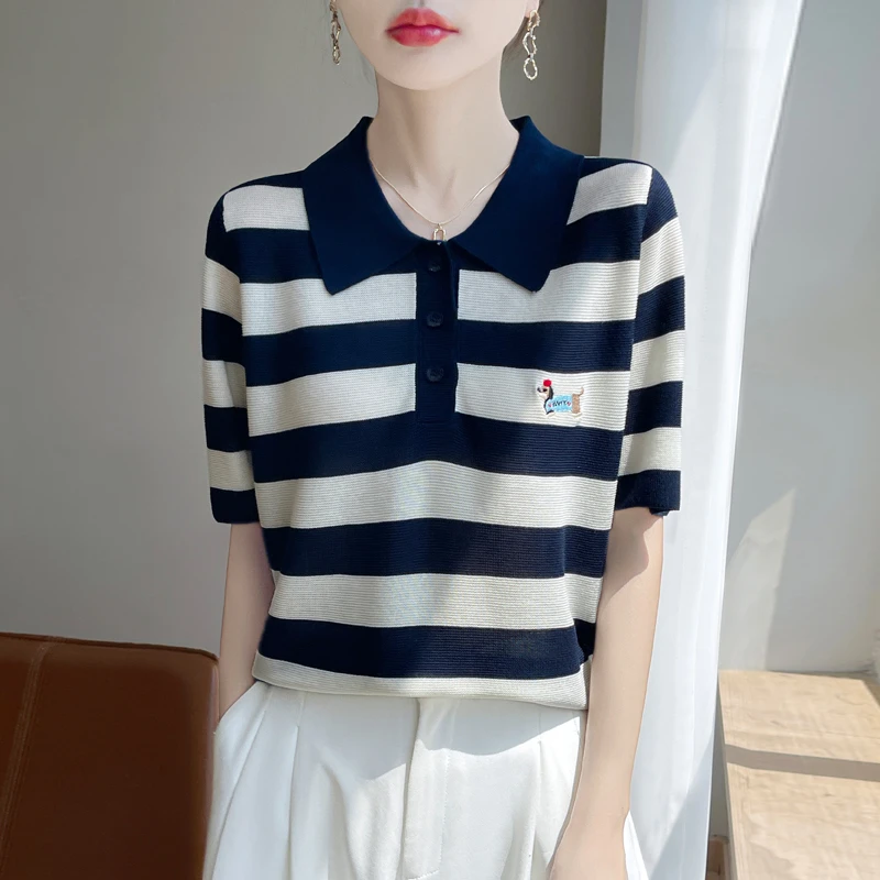 正品哥弟新款夏季薄款刺绣翻领针织衫T恤条纹POLO领短袖宽松上衣