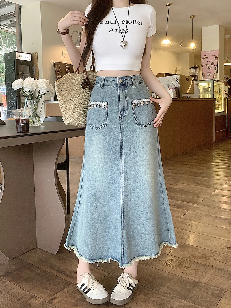 夏装新款胖mm大码女时尚复古设计感贝壳高腰牛仔裙鱼尾裙30724