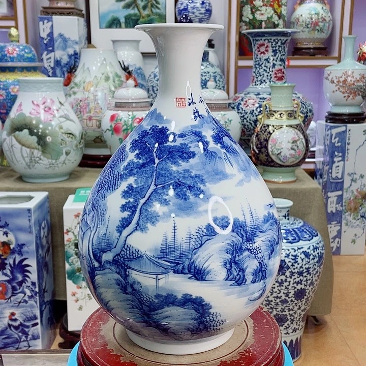 花瓶全手工釉下青花玉富春瓶炸单价