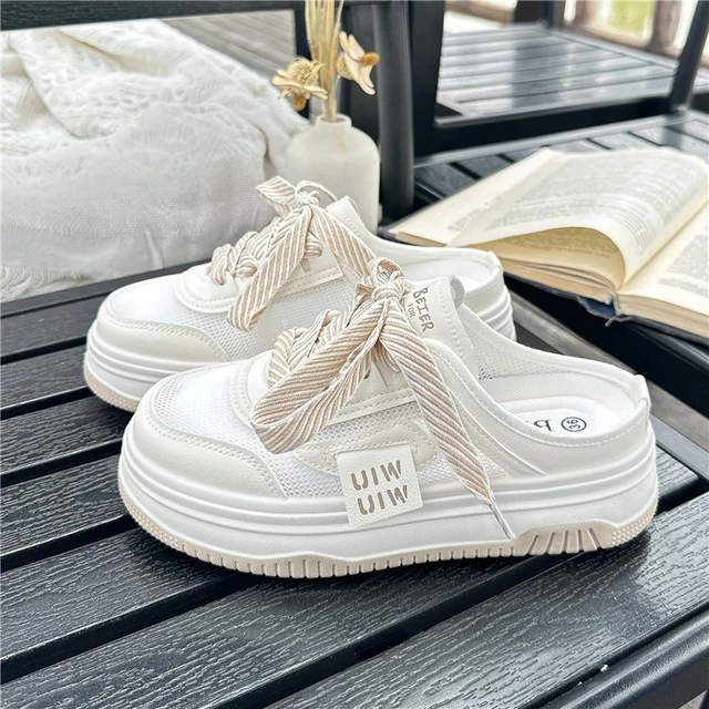 半拖小白鞋女无后跟2025夏季新款网面透气懒人一脚蹬百搭时尚休闲