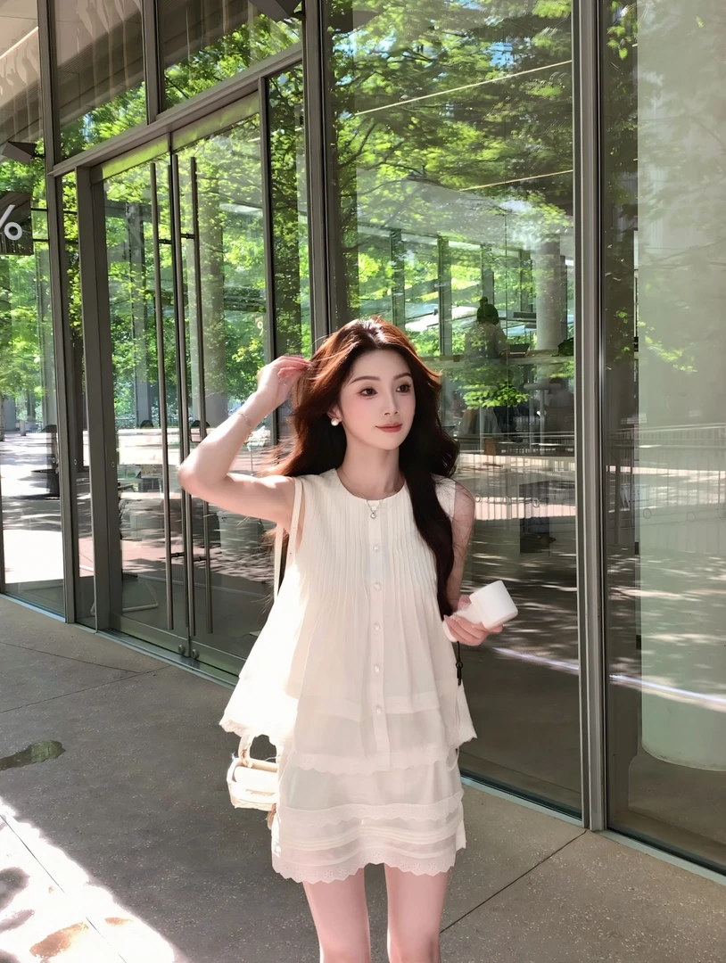 八盖pinky piggy 白野清桃 韩系塔克线无袖上衣套装+半裙