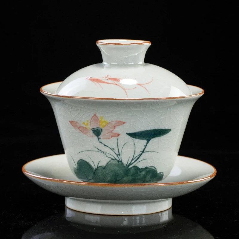 哥窑手绘三才盖碗茶杯冰裂功夫茶具中式家用陶瓷复古泡茶碗茶备