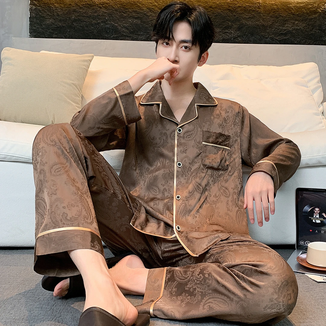 摩卡棕丝质高级感男士春夏季睡衣宽松可外穿休闲风冰丝家居服套装
