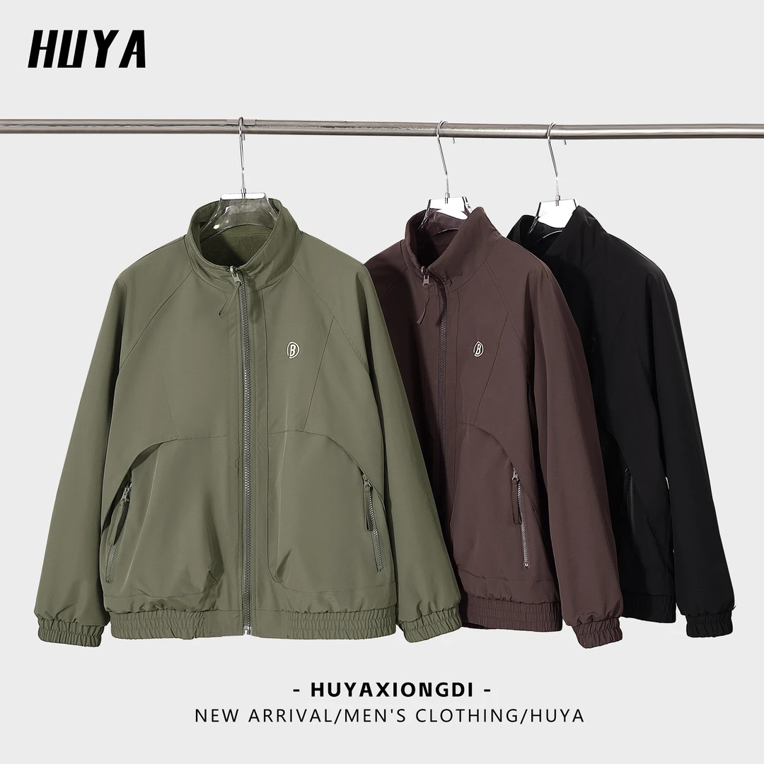 【双面穿】HUYA秋季新美式字母百搭外套工装双口袋男士立领棉服6626