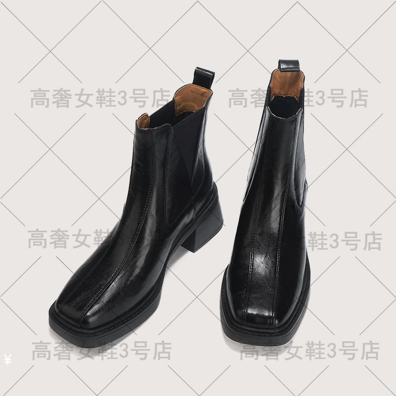 2025年秋冬新款女靴百搭低跟中跟时尚英伦风方头短靴女9529