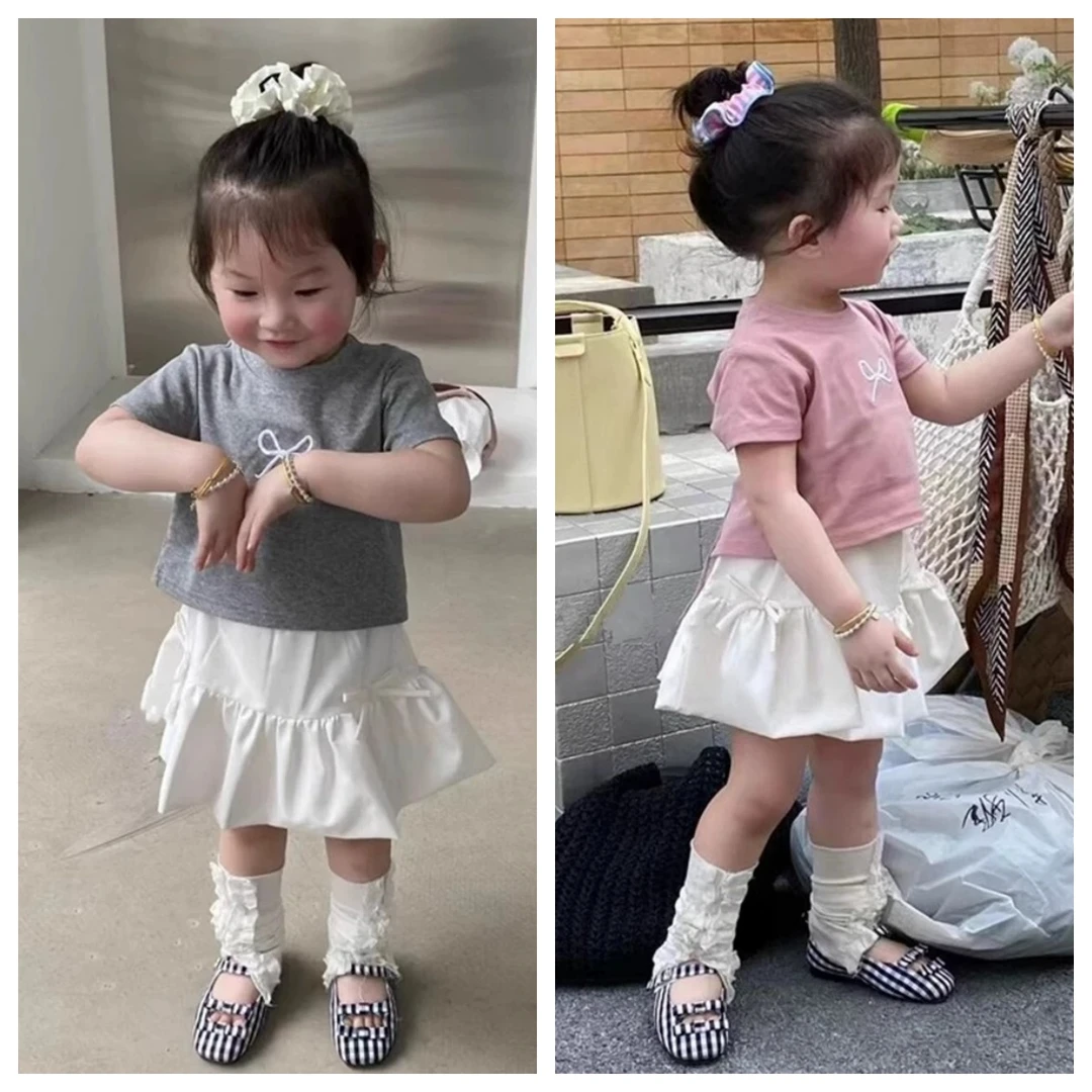 女童短袖夏季韩版小短款T恤女童t恤短袖蝴蝶结可爱圆领辣妹宝宝