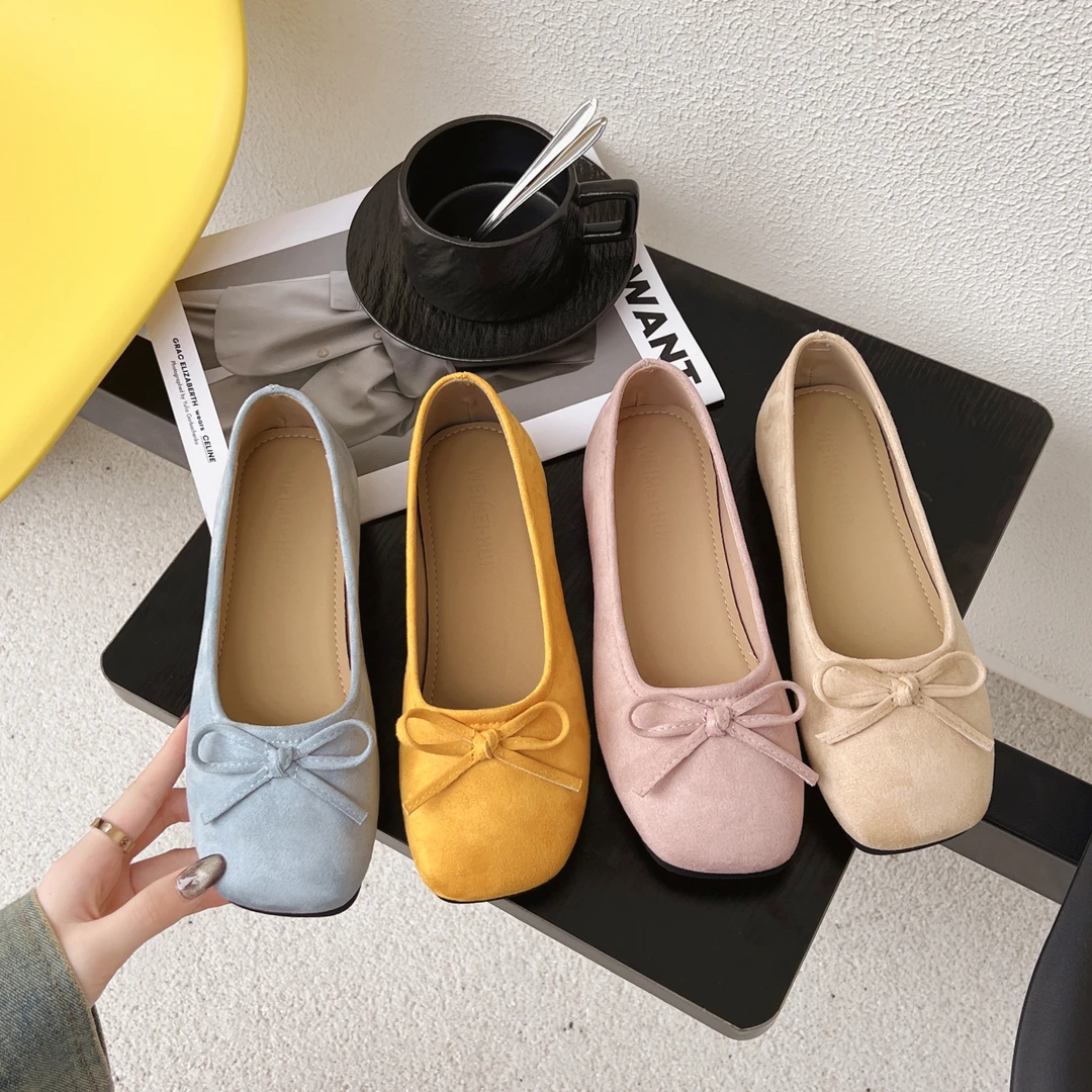 小众方头绒面红色芭蕾舞单鞋女鞋子2025新款春季蝴蝶结仙女晚晚鞋