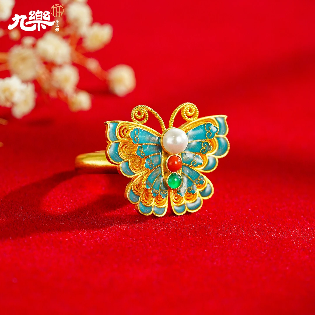 九乐古法经典宫廷镀金花丝玛瑙蝶舞时尚精美百搭戒指
