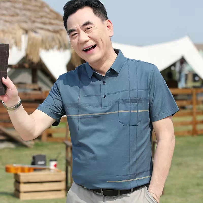 爸爸夏季短袖t恤中年男士翻领真 口袋polo衫中老年人男装薄款上衣