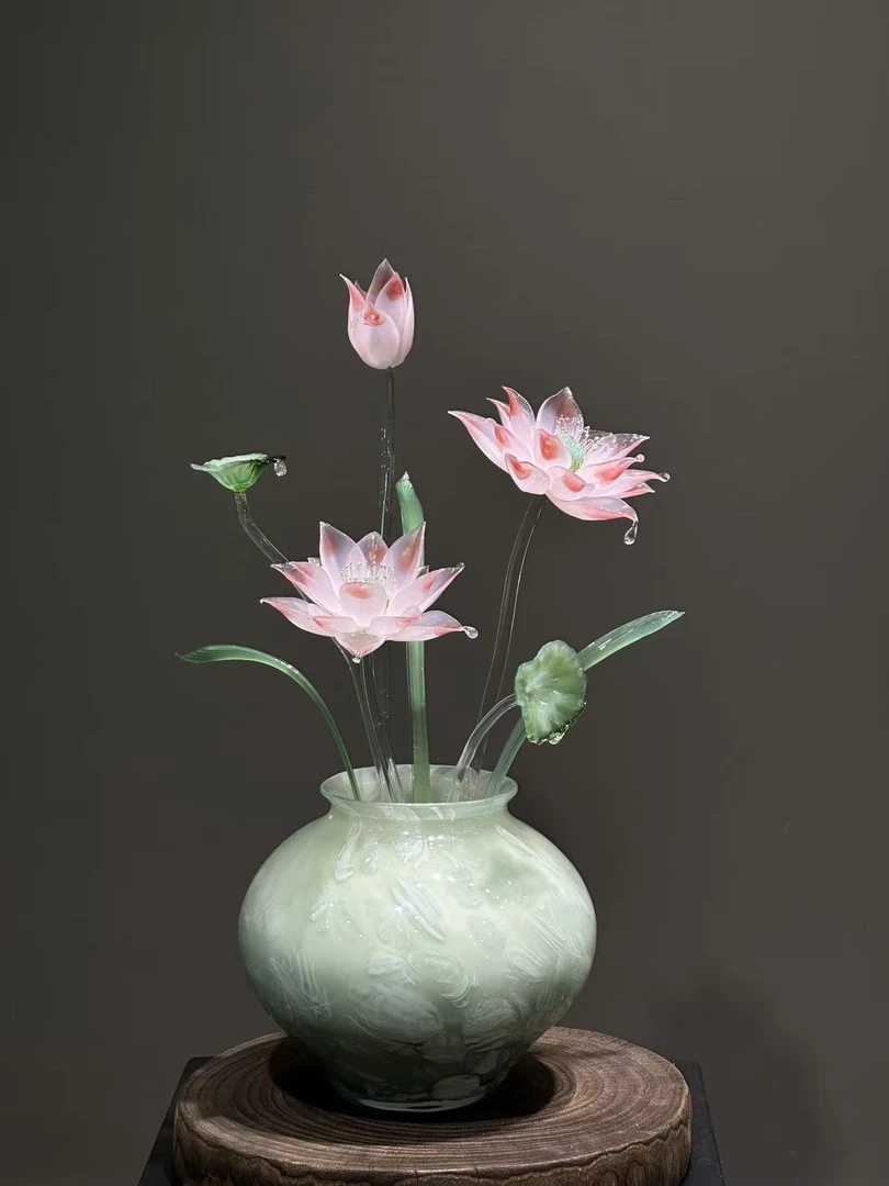 粉色渐变琉璃莲花摆件玄关摆件佛礼摆件家居客厅高端礼品