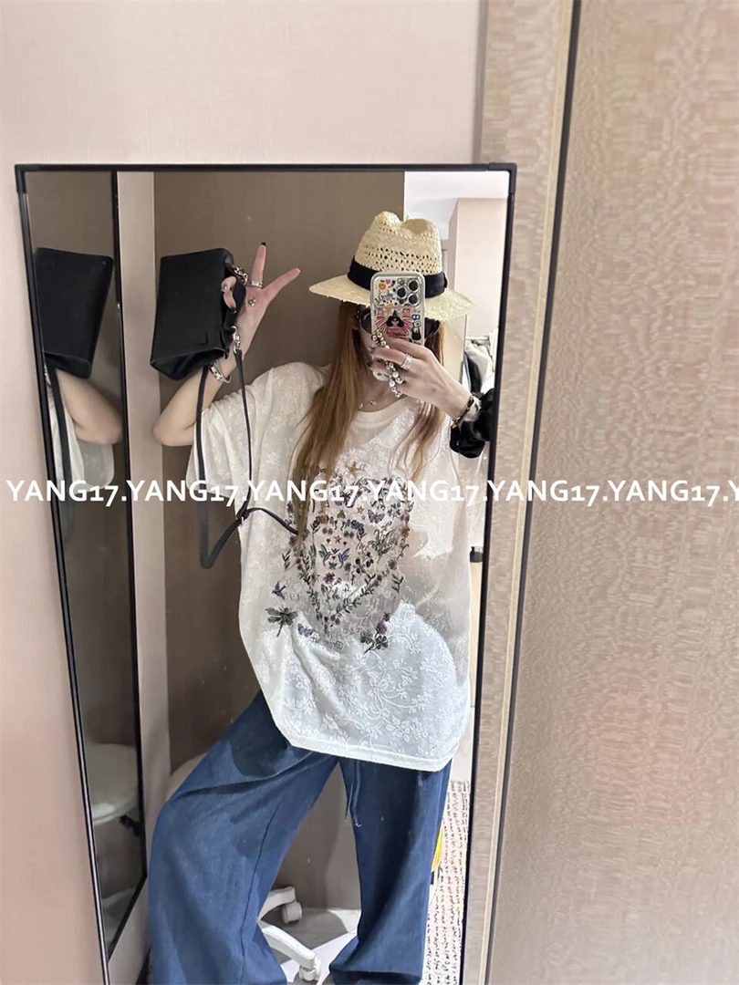 杨十七  高版本含亚麻！“小蜜蜂T恤” 提花微透宽松短袖T恤1