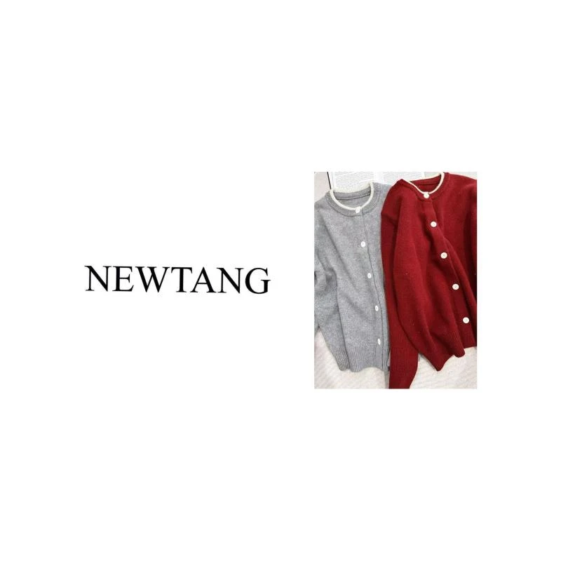 【拼色白扣】025简约休闲圆领针织衫秋冬季上衣 红色灰色