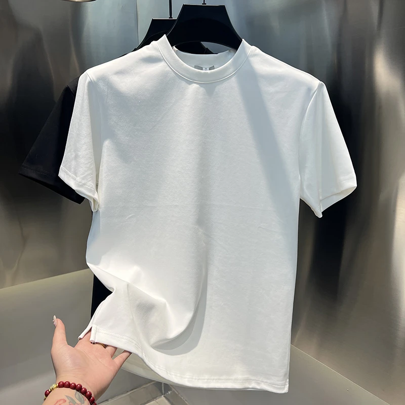 2025男士新款时尚净版圆领T恤百搭开衩半袖简约纯色品质男装短袖