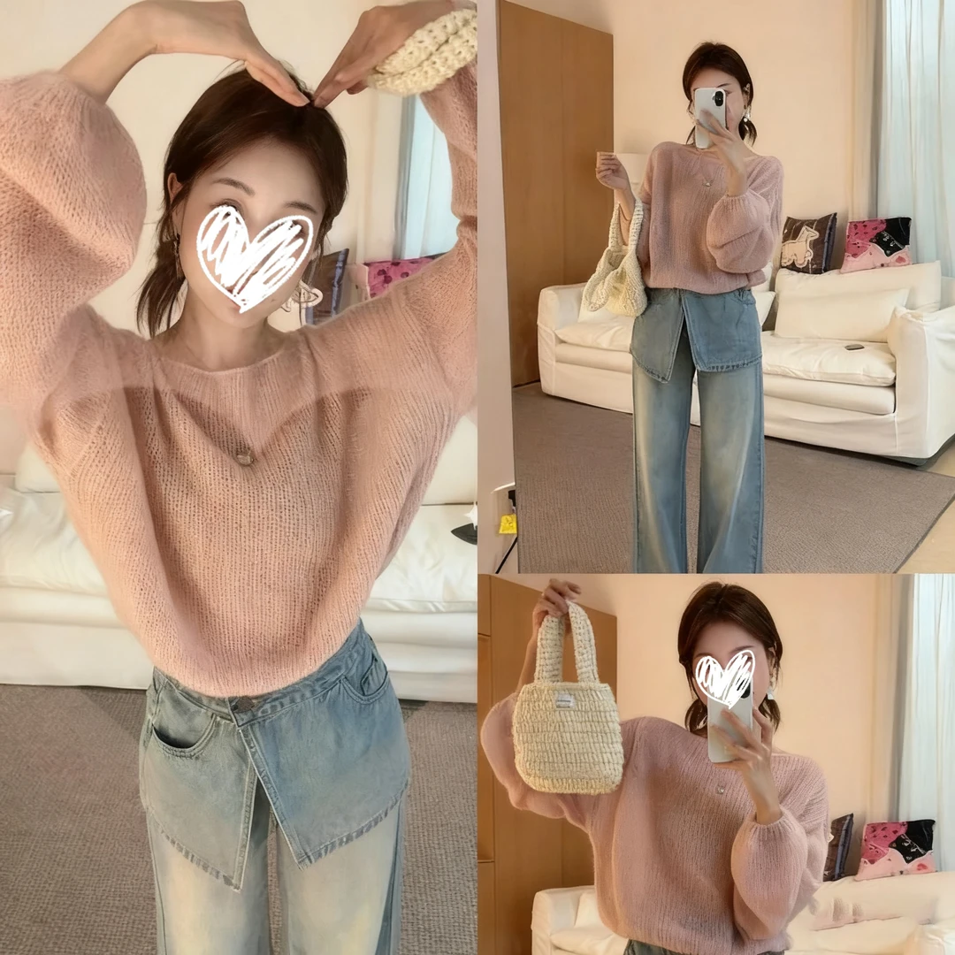 （糯粉陷阱）2025秋季韩系复古粉色宽松针织衫女显瘦百搭上衣