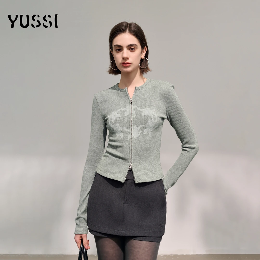 YUSSI针织肌理感拉链针织开衫女立领复古猫咪印花修身长袖外套