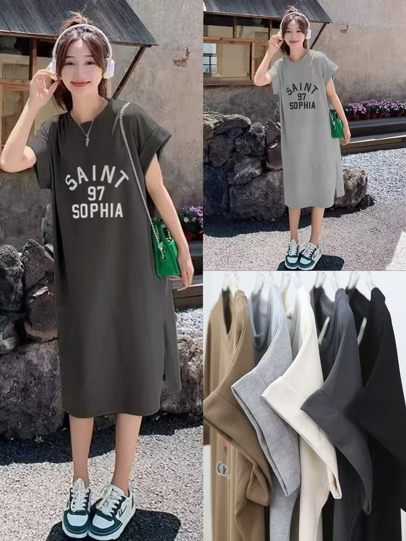 长裙宽松腰慵懒风短袖夏季连衣裙开叉韩版中长款休闲半袖圆领