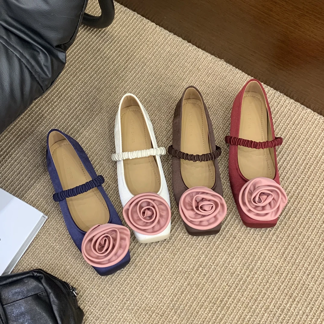 E 韩系甜美感玛丽珍浅口羊皮花朵单鞋平底芭蕾舞仙女春季设计款