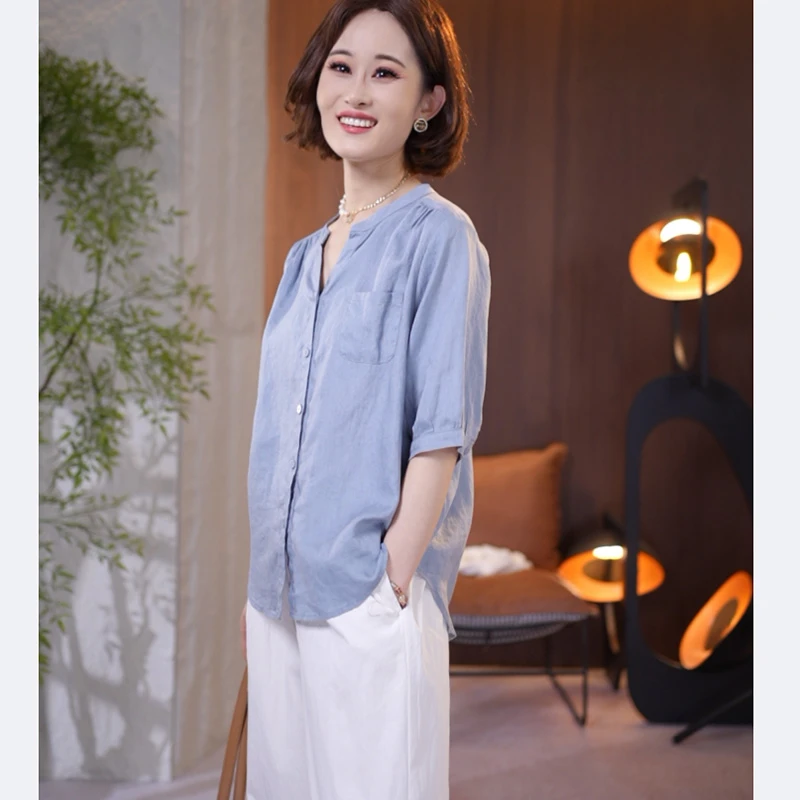Y1512 亚麻V领衬衫