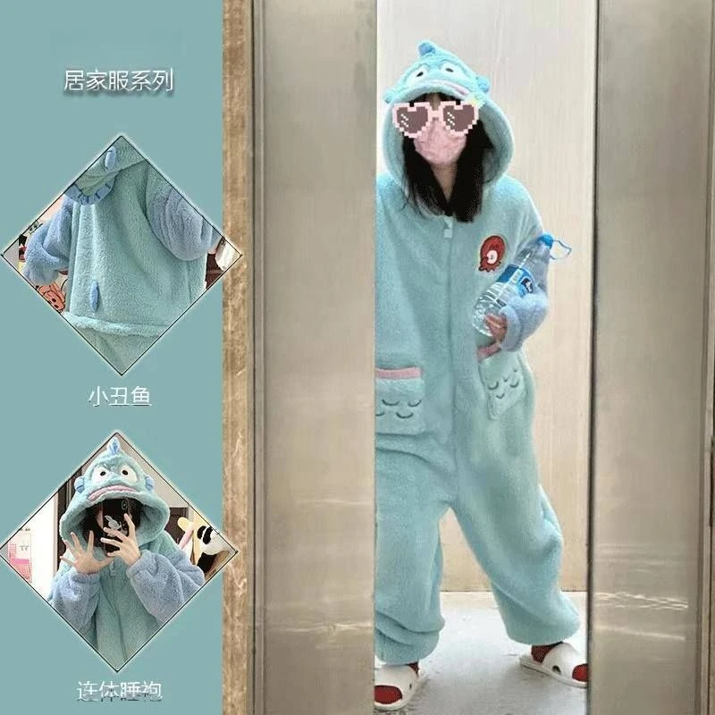 少女小丑鱼珊瑚绒连体睡衣女加绒加厚冬季新款居家毛绒睡袍一体