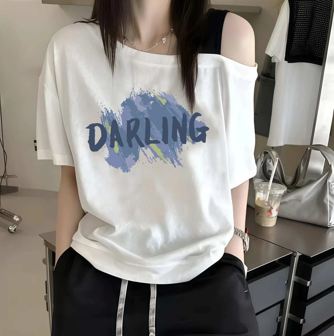 2025夏季斜肩吊带撞色宽松显瘦白色洋气字母休闲印花短袖T恤时尚