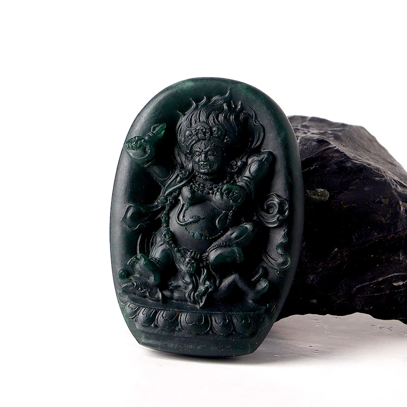 名玉艺术 天然缅甸翡翠 墨翠《大黑天》翡翠挂件 玉雕 翡翠定制